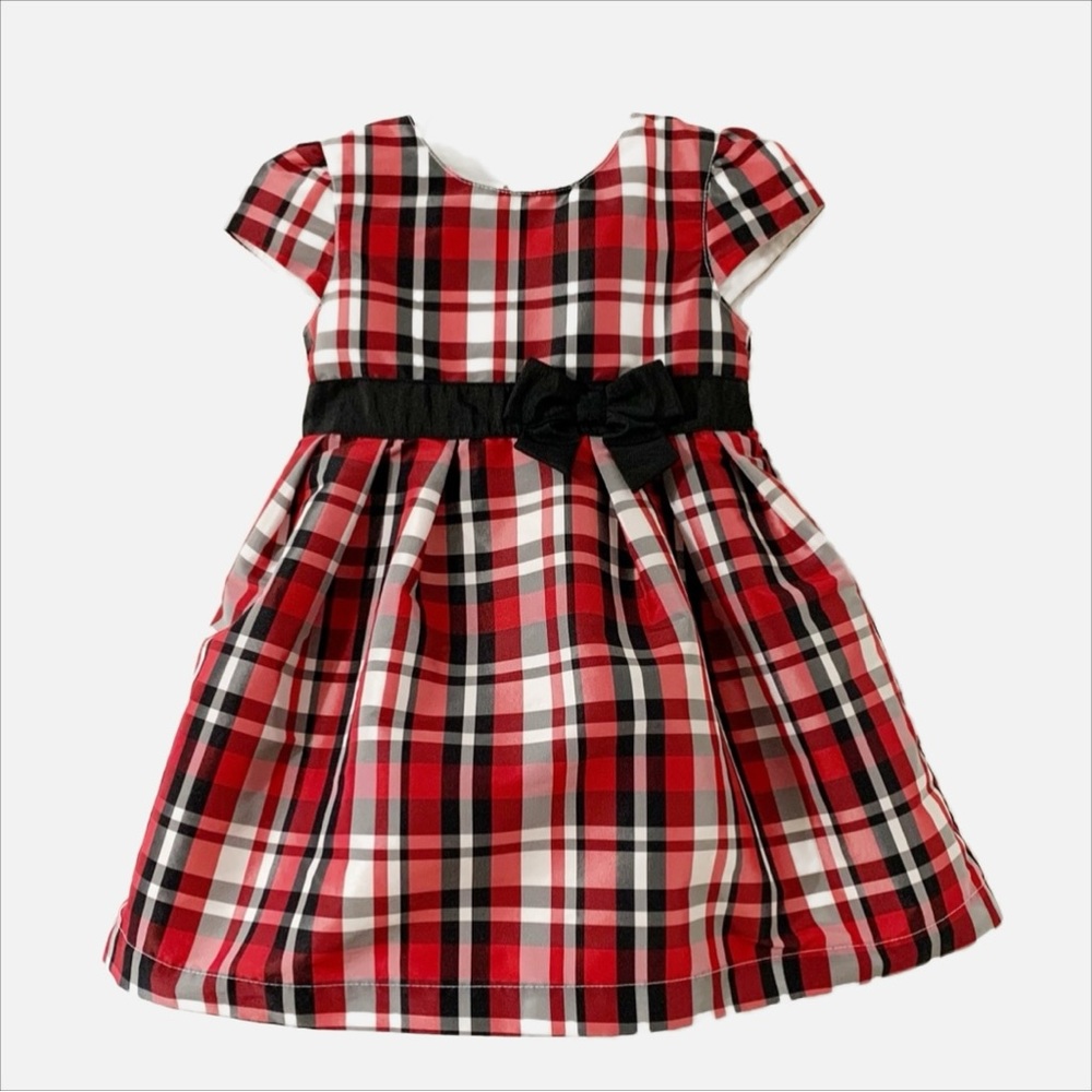 Carter’s Plaid Taffeta Holiday Dress Cap Sleeves Black Ribbon Belt Underskirt